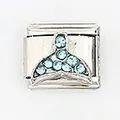 Macro shot of stainless steel Italian charm featuring a blue crystal whale tail inlay - Blue Fish Tail Style (004-8)