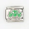 Macro shot of a stainless steel Italian charm link with a green enamel frog design - Green Frog Style (004-10)