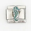 Close-up of a teal seahorse charm link for stainless steel modular Italian bracelets - Teal Seahorse Style (004-11)