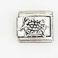 Macro detail of a silver stainless steel Italian charm link with an engraved sea turtle - Textured Turtle Style (004-12)