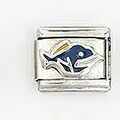 Detailed macro view of a modular stainless steel charm link with a blue and yellow fish design - Blue And Yellow Fish Style (004-20)