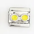 Detail of stainless steel Italian charm link with a yellow cartoon goggle design - Yellow Goggles Style (004-21)