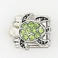 Detailed view of Italian charm link featuring a green crystal sea turtle on stainless steel - Green Rhinestone Turtle Style (004-22)