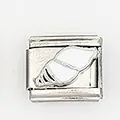 Macro detail of Italian charm bracelet link with white seashell motif in stainless steel - White Conch Style (004-23)