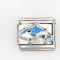Macro shot of stainless steel Italian charm with blue enamel orca and whale pattern - Orca Family Style (004-26)