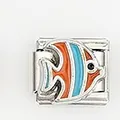 Macro view of an Italian charm link featuring a tropical fish design on stainless steel - Orange Blue Striped Fish Style (004-27)