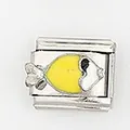 Detailed view of Italian charm link featuring a yellow enamel fish design on silver metal - Bright Yellow Fish Style (004-29)