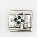 Close-up of silver Italian charm link with green rhinestone sea turtle design - Green Gem Turtle Style (004-31)