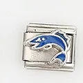 Macro shot of stainless steel Italian charm link with blue enamel fish design - Streamlined Blue Fish Style (004-32)