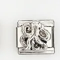 Macro shot of a stainless steel Italian charm link featuring a detailed octopus relief - Antique Octopus Style (004-34)