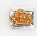 Macro shot of a stainless steel charm link featuring orange Admit One movie tickets - Movie Ticket Pattern (0016-17)