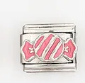 Detail of Italian charm link featuring pink enamel candy on stainless steel - Pink Candy Pattern (0016-15)