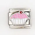Italian modular charm featuring an enamel cupcake design with pink frosting and cherry - Cherry Cupcake Pattern (0016-14)