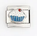 Close-up of Italian charm link featuring a colorful enamel cupcake with red cherry on top - Blue Cupcake Pattern (0016-12)