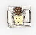 Close-up of Italian charm link with enamel cartoon drink design in stainless steel - Smiley Drink Pattern (0016-10)