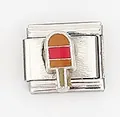 Detailed close-up of a silver Italian charm link featuring a colorful popsicle enamel design - Popsicle Pattern (0016-9)