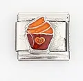 Close-up of stainless steel cupcake link for modular charm bracelets with orange enamel - Heart Cupcake Pattern (0016-5)