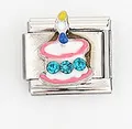 Italian charm bead showing a pink enamel cake with blue rhinestones and a candle - Candle Cake Pattern (0016-4)