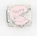 Macro shot of Italian charm link featuring a pink happy birthday cake design - Birthday Cake Pattern (0016-3)