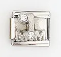 Detail of silver stainless steel charm featuring 1 MOM engraving and clear crystals - 1 Mom With Rhinestones (0018-35)
