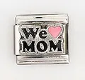 Macro view of stainless steel Italian charm with We MOM text and pink heart - We Love Mom With Heart (0018-33)
