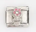 Detailed view of Italian charm link with pink flower enamel and sparkling crystal inlay - Pink Flower Potted Plant (0021-2)