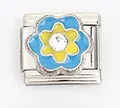 Detail of blue and yellow floral Italian charm link with a centered crystal stone - Sky Blue Flower with Rhinestone (0021-6)