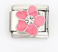Macro detail of Italian style link charm featuring a pink flower with crystal center - Pink Flower with Rhinestone (0021-7)