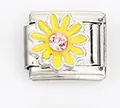 Detail of Italian charm bracelet link with yellow daisy and pink central gemstone - Yellow Daisy with Pink Stone (0021-8)