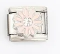 Detailed close-up of Italian style daisy flower charm with pink petals and white zircon - Light Pink Daisy with White Stone (0021-9)