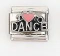 Macro detail of Italian modular charm with I DANCE text and pink heart on stainless steel - I Love Dance With Heart (0018-26)