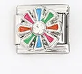 Macro shot of Italian charm link featuring a colorful enamel flower with a small crystal center - Multicolor Flower with Rhinestone (0021-10)