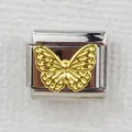Italian charm bracelet link with gold butterfly design on polished stainless steel - Gold Butterfly (0025-1)