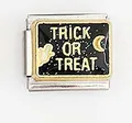 Detail of Halloween Italian charm link with gold Trick or Treat text and ghost pattern - Trick Or Treat With Ghost (0018-23)