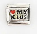 Detail of My Kids engraved Italian charm link with red heart on stainless steel - My Kids With Heart (0018-21)