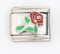 Macro detail of Italian charm link featuring a red enamel rose on brushed steel - Red Rose (0021-16)
