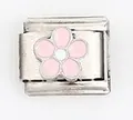 Macro shot of Italian charm link featuring a pink enamel flower on stainless steel base - Pink 5-Petal Flower (0021-17)