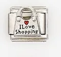 Detail of stainless steel Italian charm with I Love Shopping text and a red heart - I Love Shopping With Bag (0018-19)