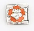 Detailed macro view of Italian charm link featuring orange enamel flower and rhinestones - Orange-Red Flower with Rhinestone (0021-19)