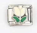 Detailed close-up of Italian charm link featuring white tulip and green leaves pattern - White Tulip (0021-20)