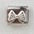 Italian style stainless steel modular link charm with detailed silver bow relief - Silver Bowknot (0025-5)