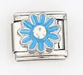 Close-up of blue flower daisy charm link with crystal for Italian modular bracelet - Sky Blue Daisy with Rhinestone (0021-24)
