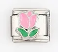 Macro shot of Italian charm module featuring pink enamel tulips on a silver metal link - Pale Pink Tulip (0021-25)