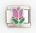 Close-up of Italian charm link featuring a purple enamel tulip on stainless steel - Pink Purple Tulip (0021-26)