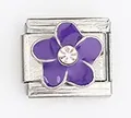 Detailed view of Italian charm link featuring a purple enamel flower and crystal center - Purple 5-Petal Flower with Rhinestone (0021-27)