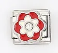 Detailed close-up of Italian charm link with red and white floral enamel pattern - Red and White Flower (0021-28)