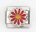 Detailed close-up of Italian charm link featuring a red daisy and yellow crystal accent - Red Daisy with Rhinestone (0021-29)