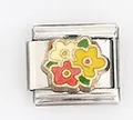 Macro detail of Italian charm bracelet link with colorful enamel flowers on steel - Three-Color Flowers with Green Leaves (0021-30)