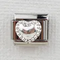 Macro detail of Italian heart charm link with embossed silver center and beaded border - Silver Dotted Heart (0025-7)