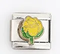 Detail showing an Italian style modular charm link with a yellow floral enamel design - Yellow Flower Bud with White Dots (0021-33)